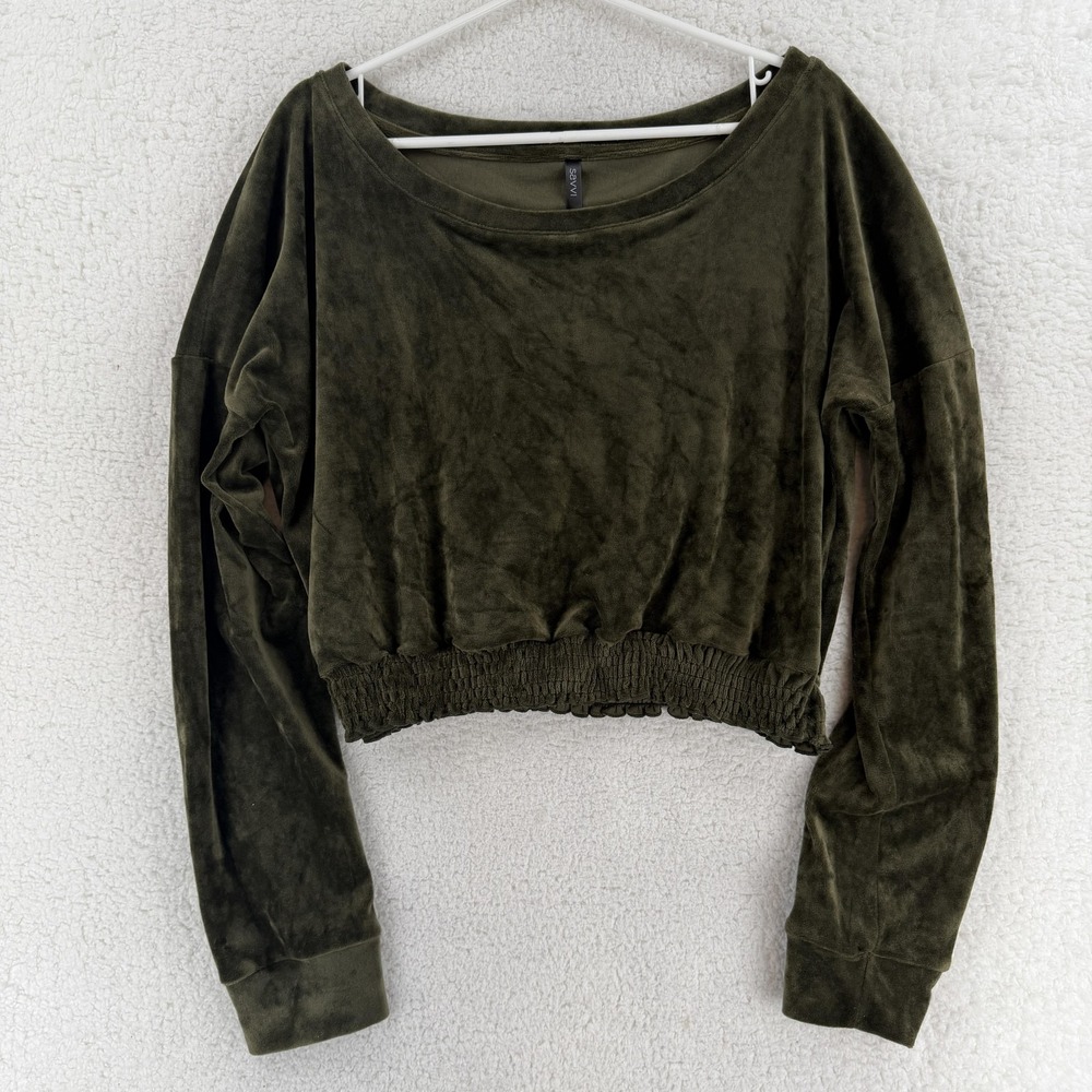 Savvi Natasha Velour Shirt Womens XL Green Cropped Long Sleeve Boat Neck Top NWT